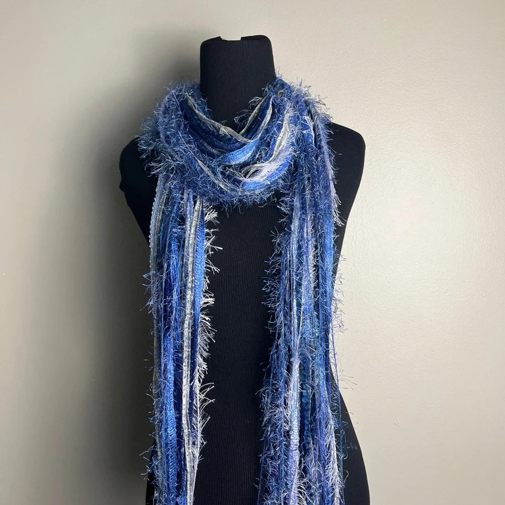 Blue and White Fringed Scarf - Picture 6 of 7